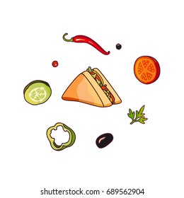 Vector flying ingredients, sandwich set flat isolated illustration on a white background. Vegetables for pizza, sandwich roll shawarma fastfood preparation. Chilli tomato pepper olive cucumber cartoon