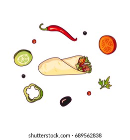 Vector flying ingredients shawarma set flat isolated illustration on a white background. Vegetables for pizza, sandwich, roll fastfood preparation. Chilli, tomato pepper olive cucumber cartoon