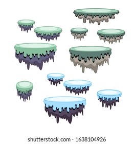 Vector flying island's. Game design elements. Seasonal game ground. Different designs for levels. Ice stones and snow ground. Cold fantasy world