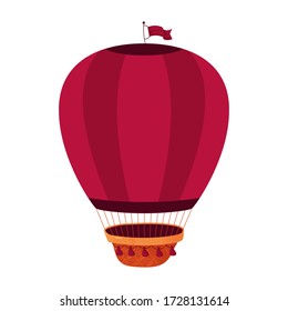 Vector flying machine on a white background. Burgundy air balloon with basket