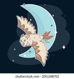 Vector Flying Magical Night Owl on Dark Blue with Crescent Moon Isolated Design. Perfect for graphics, web designs and other projects.