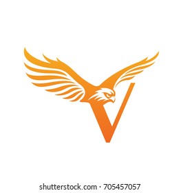 Vector Flying Orange Eagle Letter V Logo