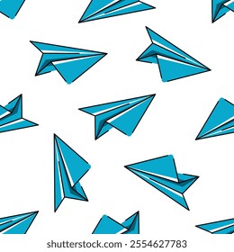 Vector flying paper airplanes seamless pattern design on white background. Planes Texture. Color print for packaging, boxes and wallpaper. Image of airplanes isolated on a white background.