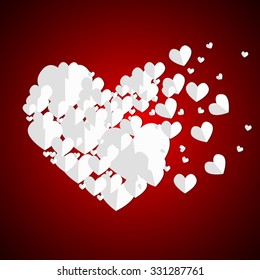 Vector : Flying paper hearts on red background