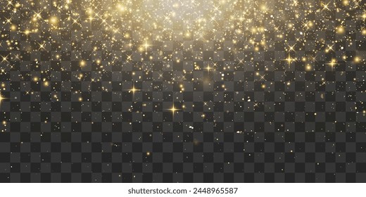Vector flying particles of light. Magical light dust, dusty shine. Christmas light effect. Sparkling particles of fairy dust glow in transparent background. Vector illustration on png