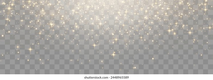 Vector flying particles of light. Magical light dust, dusty shine. Christmas light effect. Sparkling particles of fairy dust glow in transparent background. Vector illustration on png