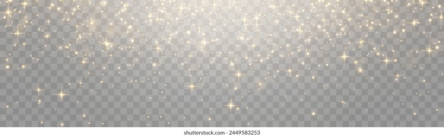 Vector flying particles of light. Magical light dust, dusty shine. Christmas light effect. Sparkling particles of fairy dust glow in transparent background. Vector illustration on png