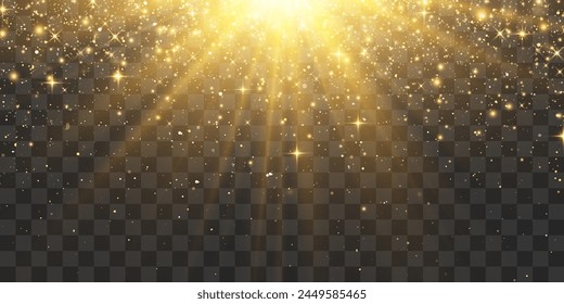 Vector flying particles of light. Magical light dust, dusty shine. Christmas light effect. Sparkling particles of fairy dust glow in transparent background. Vector illustration on png