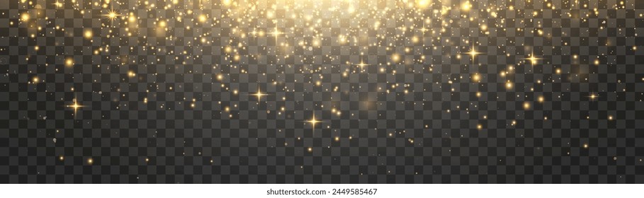 Vector flying particles of light. Magical light dust, dusty shine. Christmas light effect. Sparkling particles of fairy dust glow in transparent background. Vector illustration on png