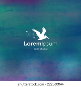 Vector flying pelican logo design template on colorful watercolor background