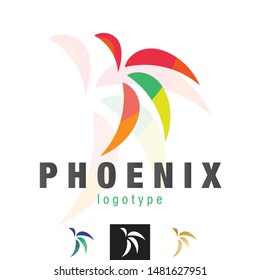 Vector Flying Phoenix Bird, Wings Spread, Mid Flight, Take Off Logo. Professionally designed Icon, shape, sign graphics.