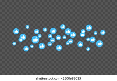 Vector flying reaction icons. Flying blue icons of thumbs up, likes png. Likes on social networks, marketing, advertising, png.