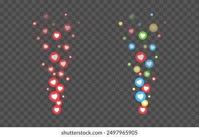 Vector flying reaction icons. Flying icons of multi-colored hearts, likes png. Social network likes, marketing, advertising, png.