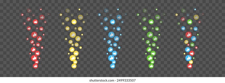 Iconos de Vector de reacción voladora. Volando iconos multicolores de pulgares hacia arriba, le gusta png. Me gusta en las redes sociales, marketing, publicidad, png.