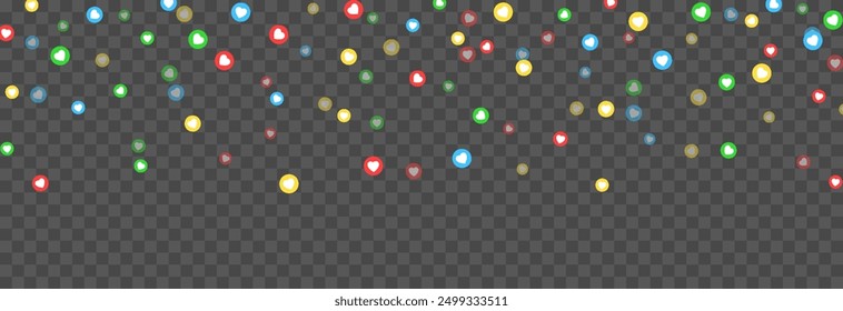 Vector flying reaction icons. Flying multi-colored icons of thumbs up, likes png. Likes on social networks, marketing, advertising, png.