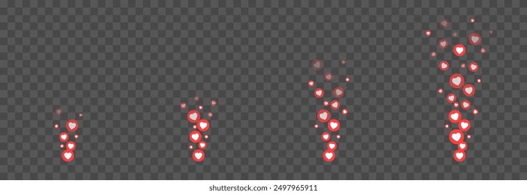 Iconos de Vector de reacción voladora. Iconos voladores de corazones rojos, le gusta png. Me gusta la red social, marketing, publicidad, png.