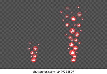 Vector flying reaction icons. Flying red icons of thumbs up, likes png. Likes on social networks, marketing, advertising, png.