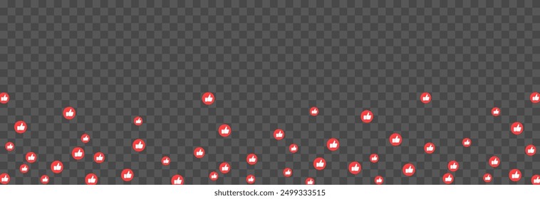 Vector flying reaction icons. Flying red icons of thumbs up, likes png. Likes on social networks, marketing, advertising, png.