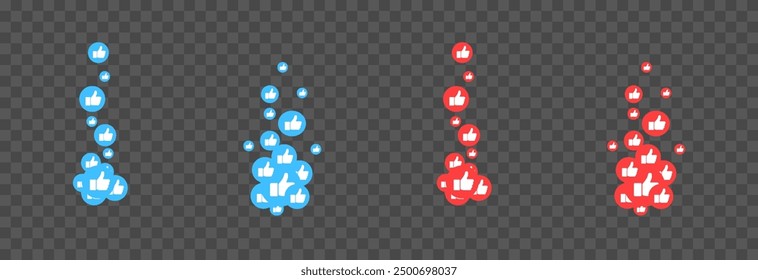 Vector flying reaction icons. Flying red and blue icons of thumbs up, likes png. Likes on social networks, marketing, advertising, png.