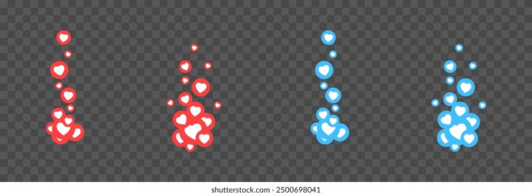 Vector flying reaction icons. Flying icons of red and blue hearts, likes png. Social network likes, marketing, advertising, png.