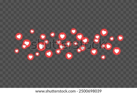 Vector flying reaction icons. Flying icons of red hearts, likes png. Social network likes, marketing, advertising, png.