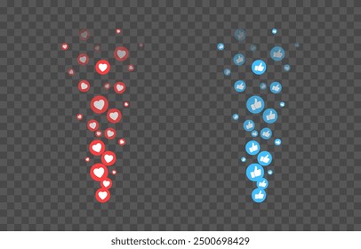 Vector flying reactions icons. Flying icons of red hearts and blue thumbs, likes png. Social media likes, marketing, advertising, png.