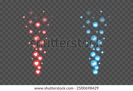 Vector flying reactions icons. Flying icons of red hearts and blue thumbs, likes png. Social media likes, marketing, advertising, png.