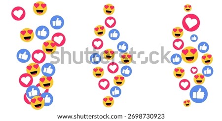Vector flying red love hearts stream social media emoji icons pattern doodle feedback internet reaction comment post layout bubble confetti colorful celebration background like set design