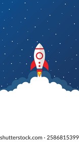 Vector Flying Rocket Background With Smoke Cloud. Startup Space Ship Background