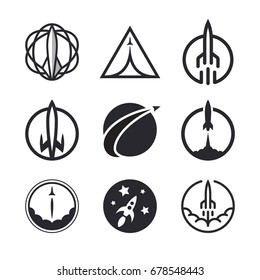 Vector Flying Rockets, Space Shuttles, Spaceship Launch, Aviation. Icons And Logo Design Elements