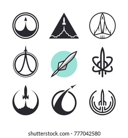 Vector flying rockets, space shuttles, spaceship launch, aviation. Icons and logo design elements
