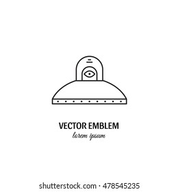 Vector flying saucer emblem in trendy linear style isolated on white.