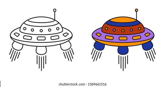 Vector flying saucer. Flat line style. Linear drawing in the style of icons. UFO vector. Alien ship.