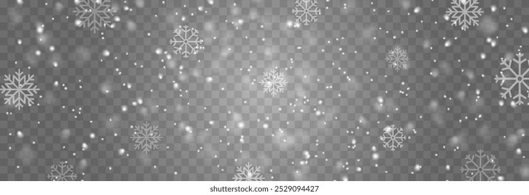 Vector de nieve voladora. Nevada sobre fondo transparente aislado. Navidades o fondo invernal. Nieve o copos de nieve png.