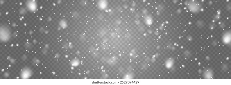 Vector flying snow. Snowfall on isolated transparent background. Christmas or winter background. Snow or snowflakes png.