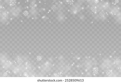Vector flying snow. Flying snowflakes on an isolated transparent background. Winter or Christmas background. Snow or snowflakes png.