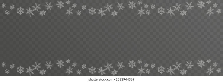 Vector flying snow. Flying snowflakes on an isolated transparent background. Winter or Christmas background. Snow or snowflakes png.