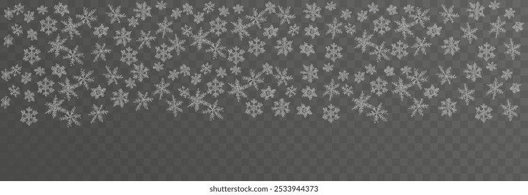 Vektorflugschnee. Fliegende Schneeflocken auf einzeln transparentem Hintergrund. Hintergrund Winter oder Weihnachten. Schneeflocken png.