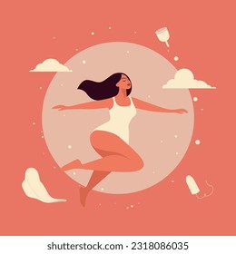 Vector Flying, Soaring Happy Woman in a Jump on Pink Background with Sanitary Napkin, Menstrual Cup, Tampon Around Her. Womens Health, Feminine Menstrual Cycle, Menstruation, Hygiene Concept Banner