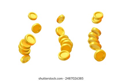 Vector flying stack of golden coins set. Realistic gold money pile falling isolated on white background. Design elements collection for casino, bonus or business concept