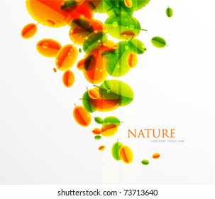 Hojas abstractas de verano voladoras vectoriales. Fondo natural de verano. Diseño de hojas verdes y naranjas calientes