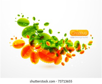Vector flying summer abstract leaves. Summer nature background. Hot orange and green leaf design