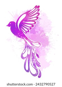 Vector flying watercolor violet bird with sprays isolated from background. Gentle symbol of freedom. Design element for icons, sublimation and your creativity