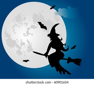 vector flying witch at night
