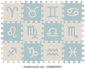 Vector foam play mat geometric elements puzzle with zodiac simple style signs. Isolated on white background.