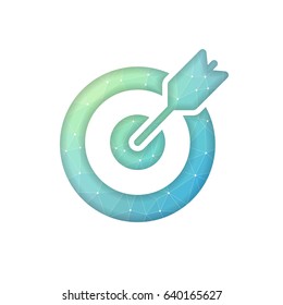 Vector focus business symbol isolated on light background. Target with arrow made from colorful low polygonal pieces.