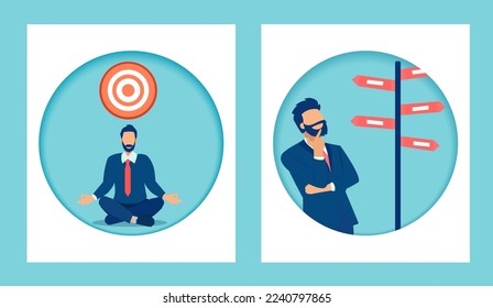 Vector of a focused meditating businessman vs a confused one 
