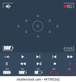 Vector Focusing screen of the camera. Viewfinder camera recording with battery, recording, play, pause and other video icons