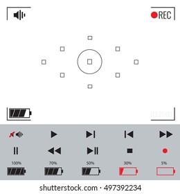 Vector Focusing screen of the camera. Viewfinder camera recording with battery, recording, play, pause and other video icons