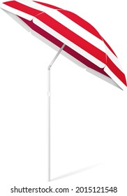 Vector folded beach colorful umbrella with adjustable tilt - white and red stripes. Isolated on white background